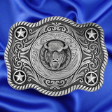 Western Style Star Trophy Belt Buckle Antique Nickel with Buffalo Concho - Front view 