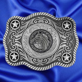 Western Style Star Trophy Belt Buckle Antique Nickel with Horse Concho - Front view 