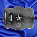 Western Style Star Trophy Belt Buckle Antique Nickel with Texas Sheriff Concho - Rear view with Concho screw showing (Concho screw is included with purchase)