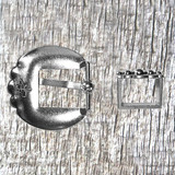 Five Berry Nickel Finish 3/4 Inch Headstall Buckle and Keeper - Rear View of Buckle and Side View of Keeper
