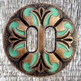 Southwest antique copper/nickel-plated finish 1-1/2" slotted Concho with baked-on turquoise enamel.