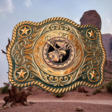 Western Style, Star Trophy Antique Copper Moose Belt Buckle - front view with western background. Western Style, Star Trophy Antique Copper Moose Belt Buckle - front view with western background.