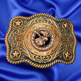 Western Style, Star Trophy Antique Copper Moose Belt Buckle - front view.