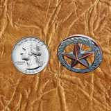 Antique Copper Patina Finish Decorative Star Upholstery Tacks - front view with US Quarter shown for size comparison.