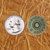 Shot Gun 12 Gauge Antique Brass Finish Upholstery Tacks & Nails - front view shown with US Quarter for size comparison.