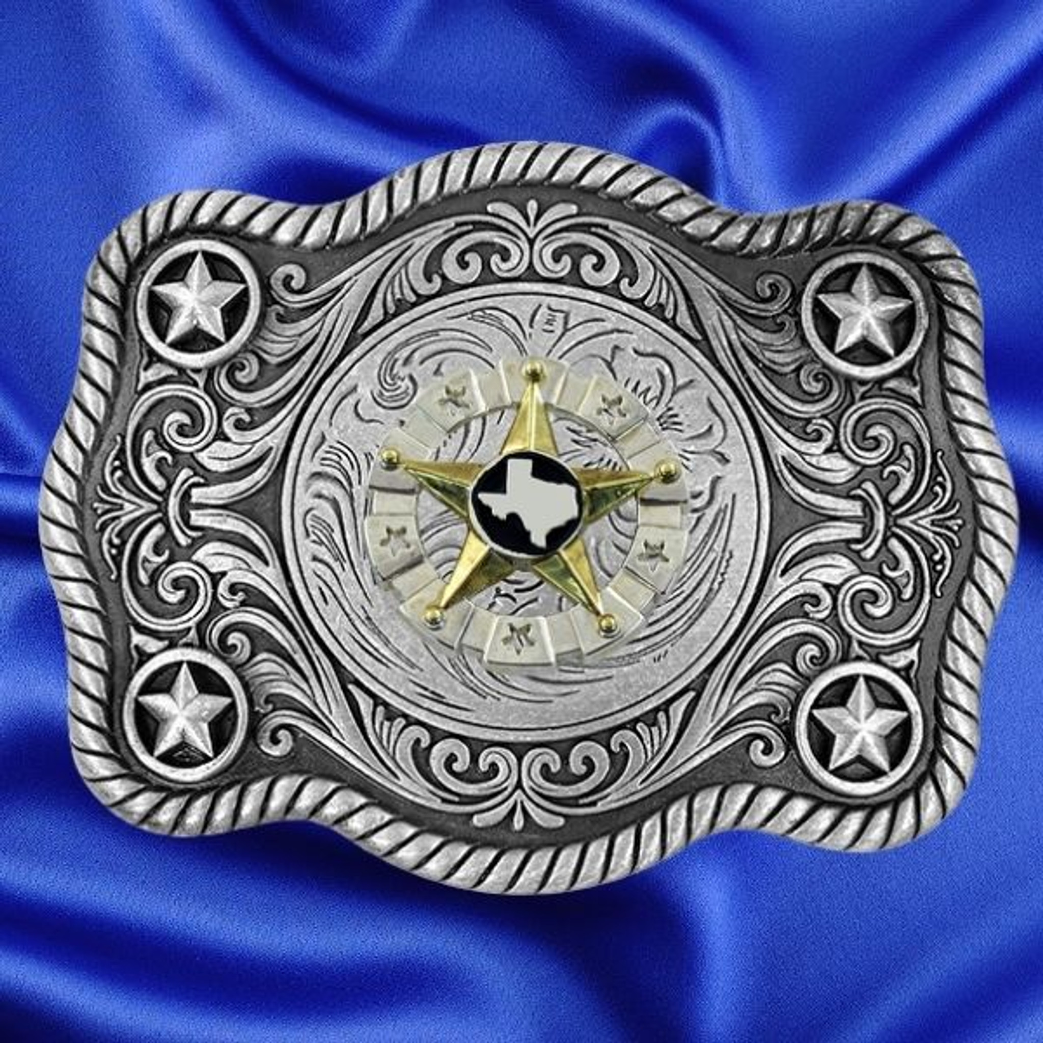 Western Style Star Trophy Belt Buckle with Antique Nickel Texas