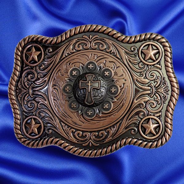 Western Style, Star Trophy Belt Buckle Cross Berry Antique Copper Concho