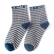 Check Plaid Ruffle Crew Socks - Navy