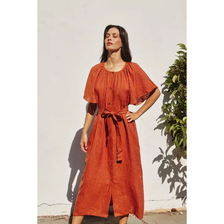 Striped Linen Button Down Dress - Orange Brick