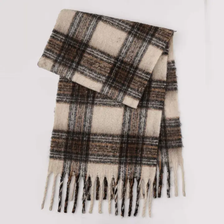Plaid Tassel Knit Scarf - Brown/Cream