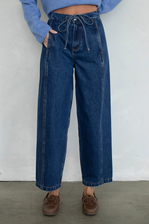 Waist Tie Denim Barrel Pants - Washed Blue
