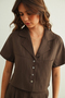 Button Front Short Sleeve Blouse - Brown