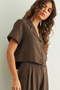 Button Front Short Sleeve Blouse - Brown