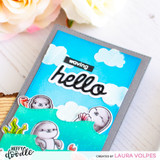 Heffy Doodle Head In The Clouds Stencil example project by Laura Volpes uses Hello - Shadow Heffy Cuts, Sealy Friends Stamps and Dies and Breaking Waves Border Dies.
