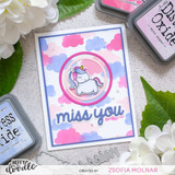 Heffy Doodle Head In The Clouds Stencil example hand made card project by Zsofia Molnar uses Miss You - Shadow Heffy Cuts, Fluffy Puffy Unicorns Stamps and Dies and Head In The Clouds Stencil.