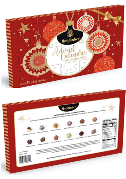 SCHLUENDER  800 Red Advent Calender With 12 Flavors X 2 Assorted Truffles Without Alcohol 5/4.59oz #C31052