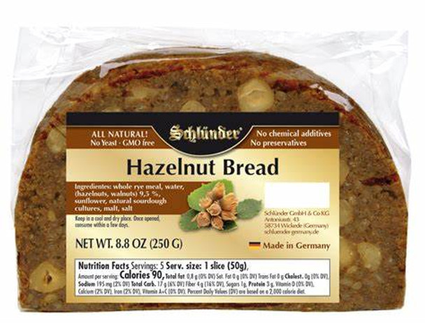 Schluender 357 Hazelnut/Walnut Bread with 9.5% nuts - Single pack - 5 slices 12/8.8oz  #20086