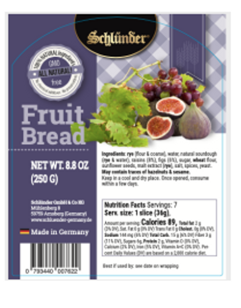 SCHLUENDER  76 Schluender Soft Fruit Bread with 8% Raisins & 6% Figs - Single pack - 7 slices18/8.8oz  *new*  # 20247