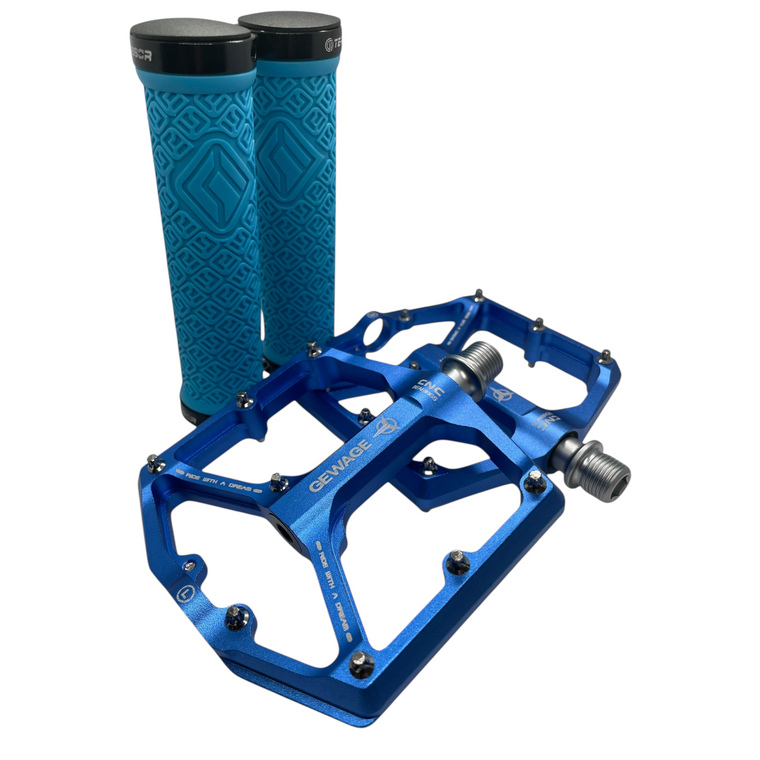 Blue MTB / BMX Alloy Pedals and Lock On Grips Combo