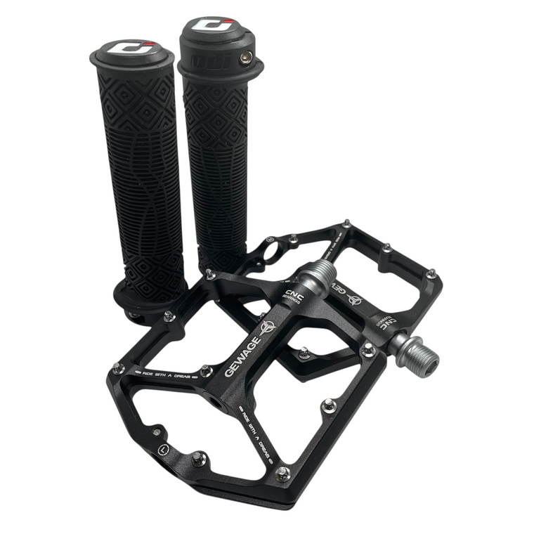 Black MTB / BMX Alloy Pedals and ODI Grips Combo