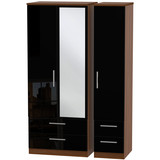 Knightsbridge Triple 2 Drawer Mirror + Drawer Wardrobe in Black Gloss & Noche Walnut