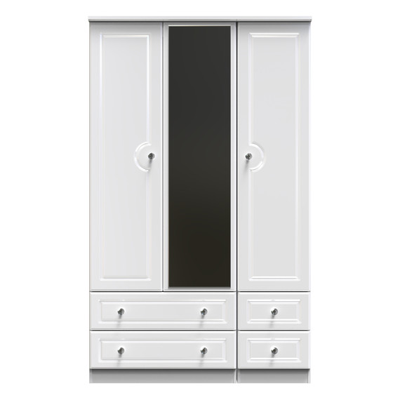 Balmoral Triple 2 Drawer Mirror + Drawer Wardrobe in White Gloss & White