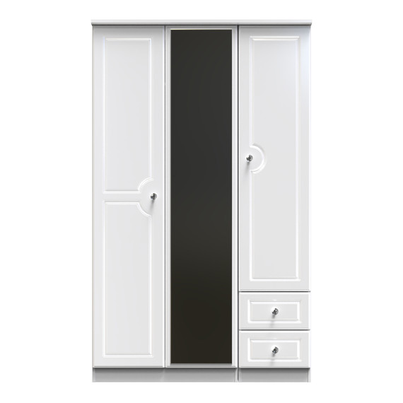 Balmoral Tall Triple Mirror + Drawer Wardrobe in White Gloss & White