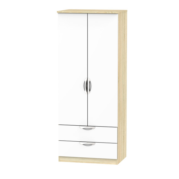 Camden 2ft6in 2 Drawer Wardrobe in White Gloss & Bardolino Oak