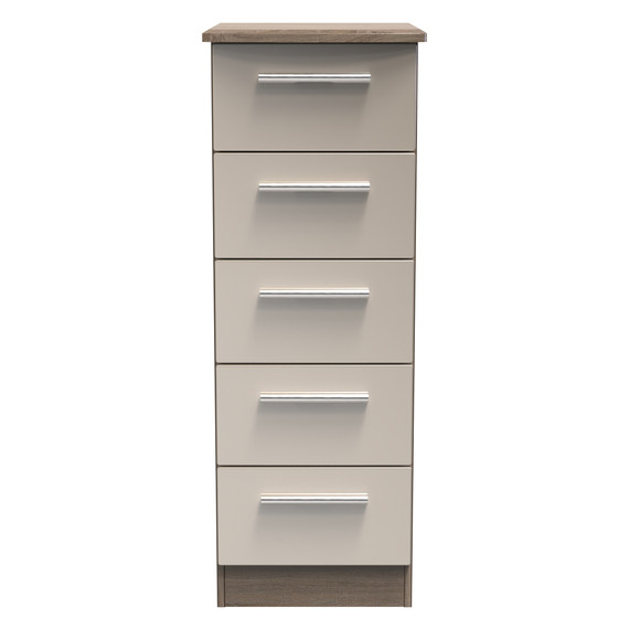 Knightsbridge 5 Drawer Bedside Cabinet in Mushroom Gloss & Darkolino