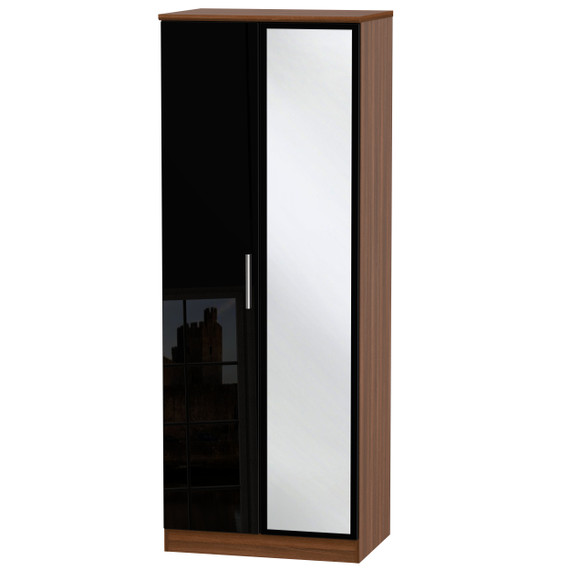 Knightsbridge Tall Mirrored Wardrobe in Black Gloss & Noche Walnut