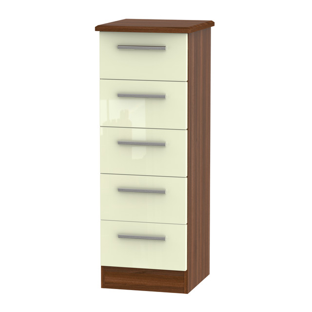 Knightsbridge 5 Drawer Bedside Cabinet in Cream Gloss & Noche Walnut