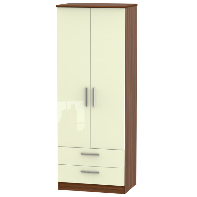 Knightsbridge Tall 2 Drawer Wardrobe in Cream Gloss & Noche Walnut