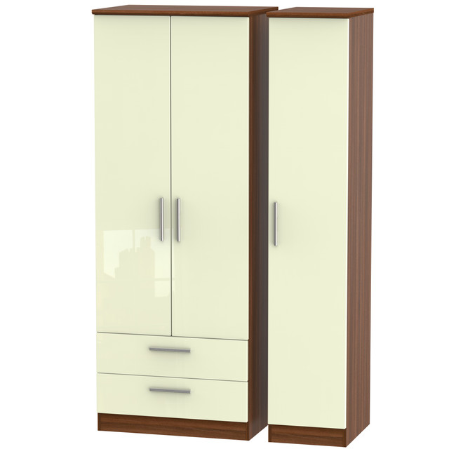 Knightsbridge Tall Triple 2 Drawer Wardrobe in Cream Gloss & Noche Walnut