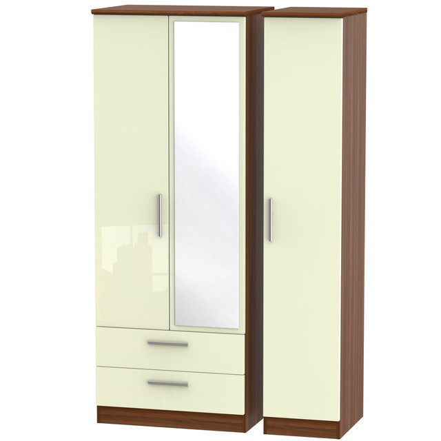 Knightsbridge Tall Triple 2 Drawer Mirrored Wardrobe in Cream Gloss & Noche Walnut