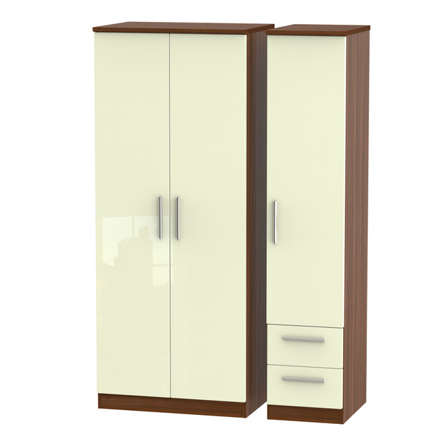 Knightsbridge Triple Plain + Drawer Wardrobe in Cream Gloss & Noche Walnut