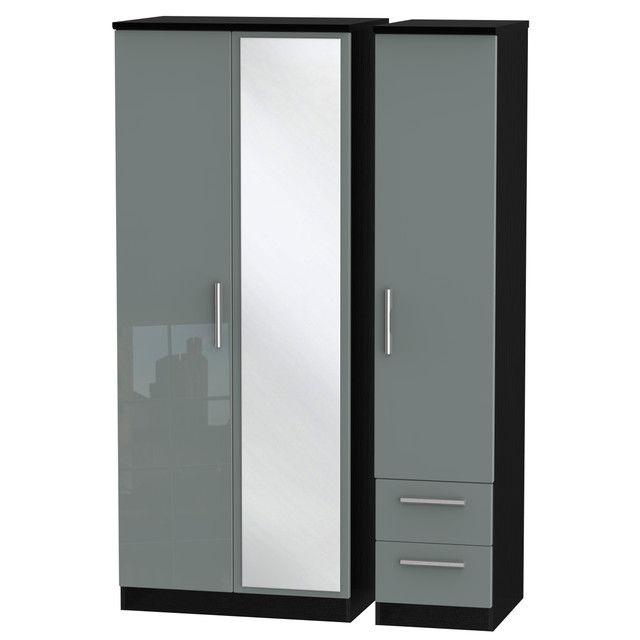 Knightsbridge Triple Mirror + Drawer Wardrobe in Grey Gloss & Black