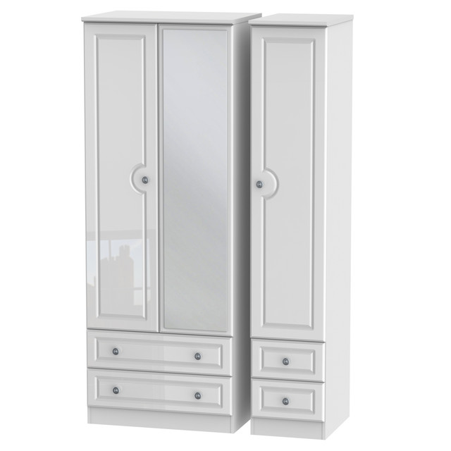 Pembroke Tall Triple 2 Drawer Mirror + Drawer Wardrobe in White Gloss