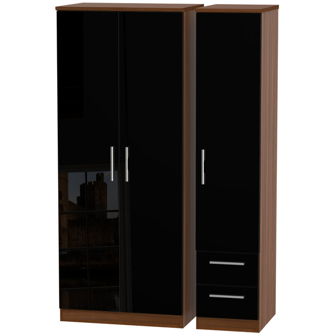 Knightsbridge Triple Plain + Drawer Wardrobe in Black Gloss & Noche Walnut