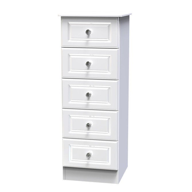 Balmoral 5 Drawer Bedside Cabinet in White Gloss & White