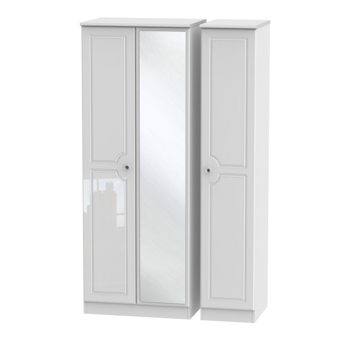 Balmoral Tall Triple Mirrored Wardrobe in White Gloss & White