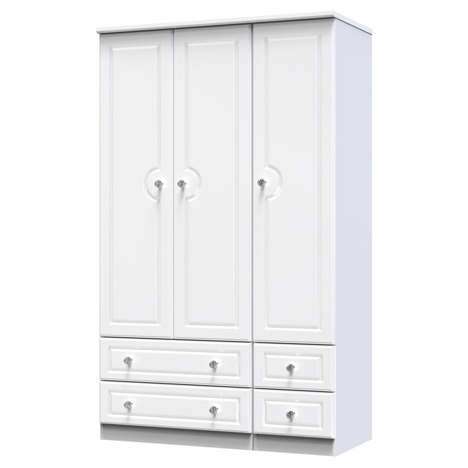 Balmoral Tall Triple 2 Drawer + Drawer Wardrobe in White Gloss & White