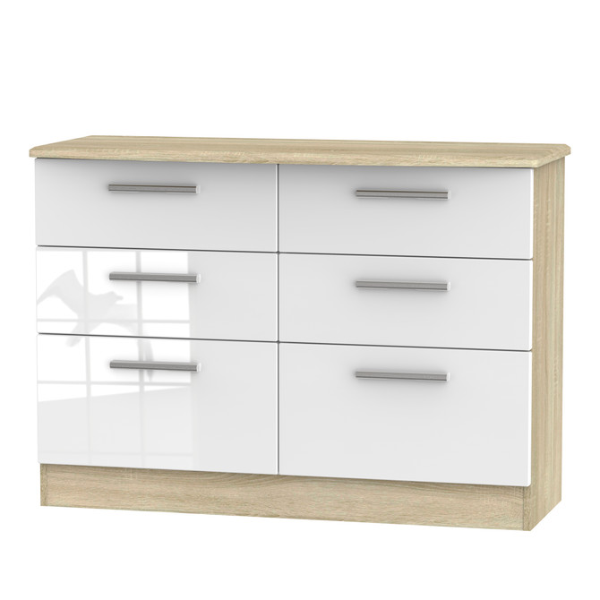 Knightsbridge 6 Drawer Midi Chest in White Gloss & Bardolino Oak