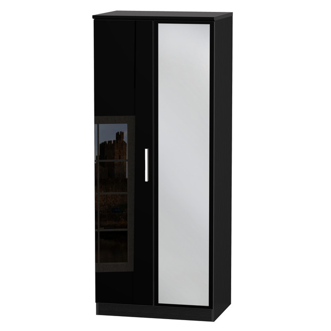 Knightsbridge 2ft6in Mirror Wardrobe in Black Gloss & Black Matt