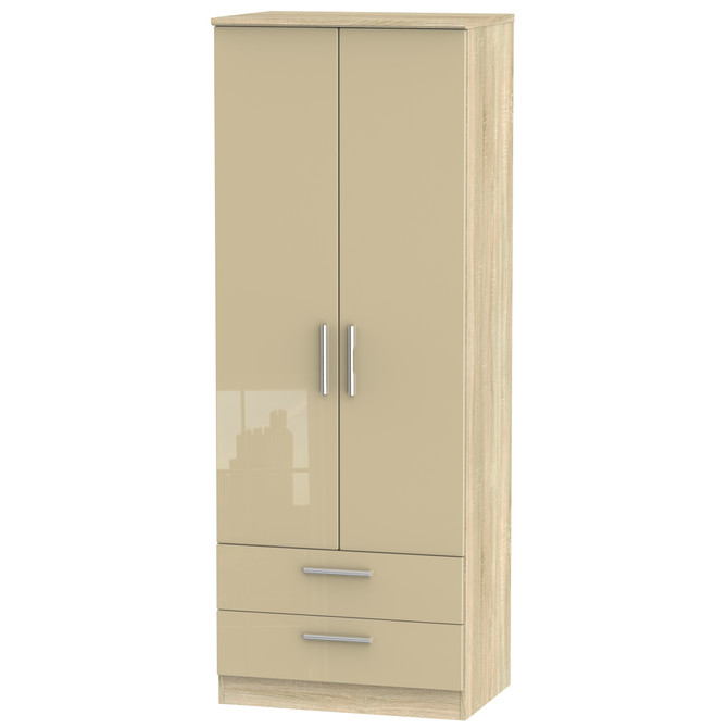 Knightsbridge Tall 2 Drawer Wardrobe in Mushroom Gloss & Bardolino Oak