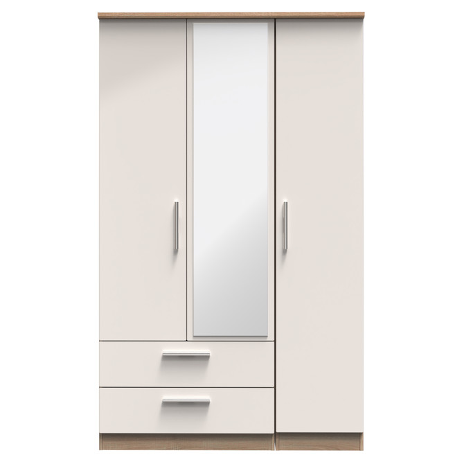 Knightsbridge Triple 2 Drawer Mirrored Wardrobe in Kashmir Gloss & Bardolino Oak