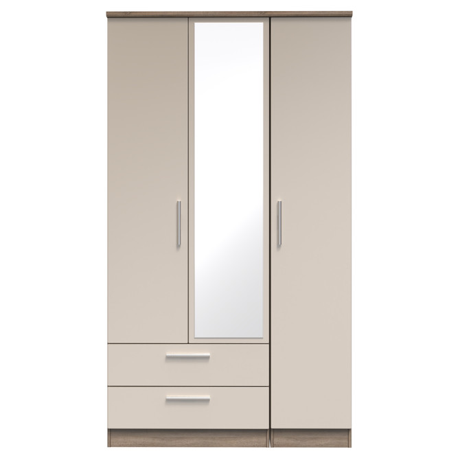 Knightsbridge Tall Triple 2 Drawer Mirrored Wardrobe in Mushroom Gloss & Darkolino