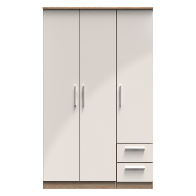 Knightsbridge Triple Plain + Drawer Wardrobe in Kashmir Gloss & Bardolino Oak