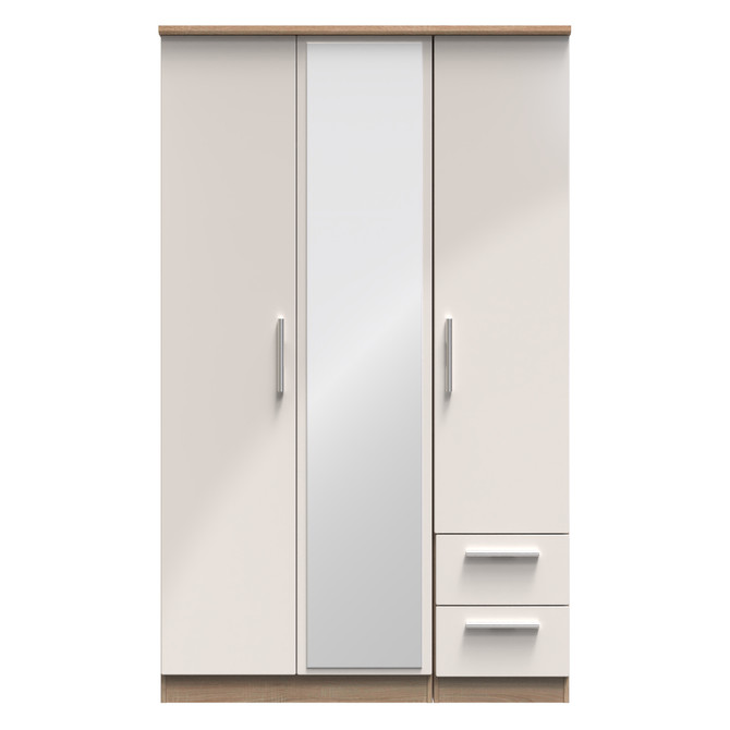 Knightsbridge Triple Mirror + Drawer Wardrobe in Kashmir Gloss & Bardolino Oak