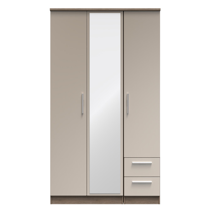 Knightsbridge Tall Triple Mirror + Drawer Wardrobe in Mushroom Gloss & Darkolino