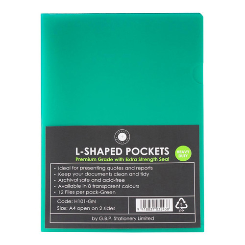 OSC L Shaped Pockets A4 Green, Pack of 12